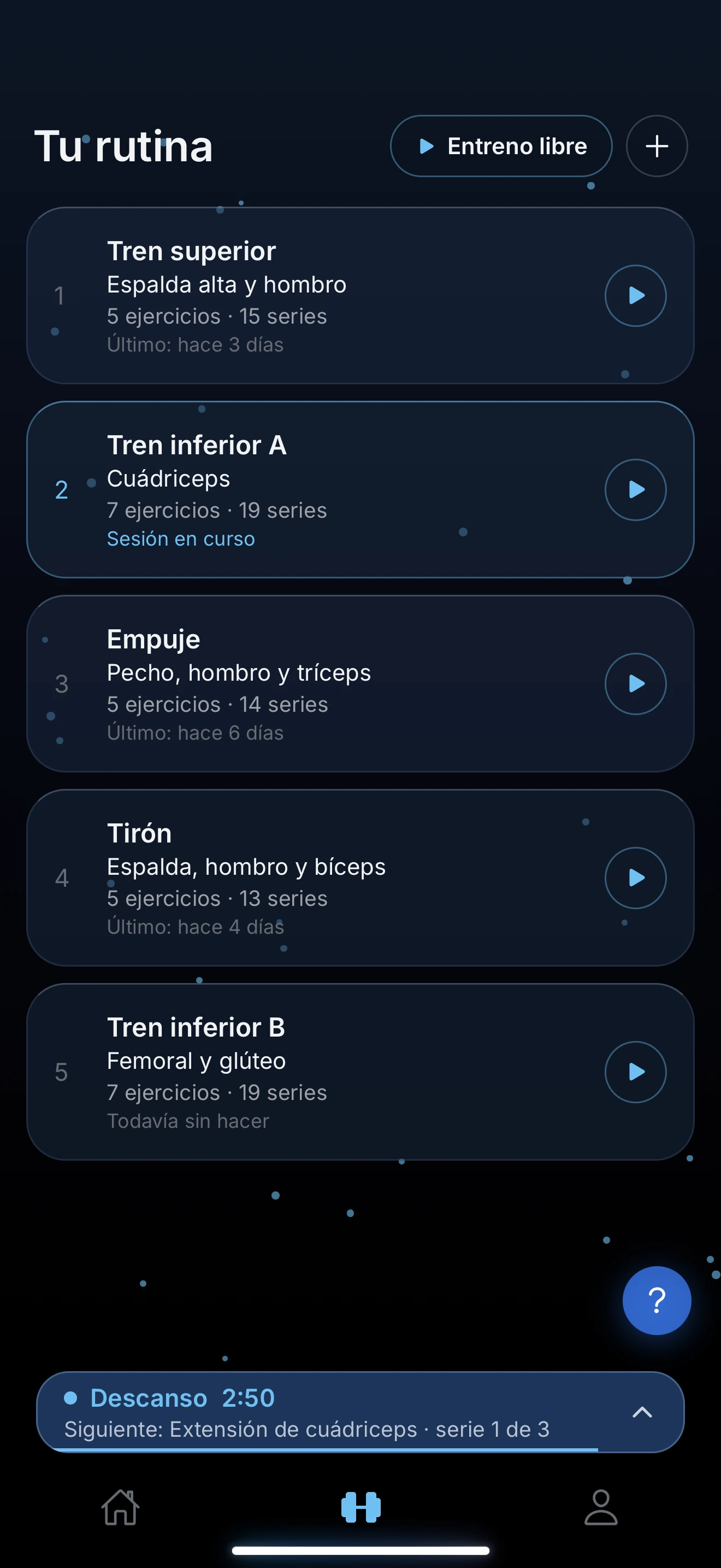 Tu rutina en Trainetic: cinco días (Tren superior, Tren inferior A, Empuje, Tirón y Tren inferior B), cada uno con su enfoque, sus ejercicios y sus series.